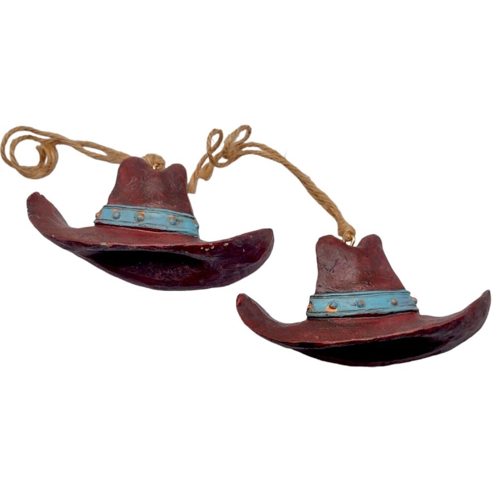 Vintage Pair of Cowboy Hat Christmas Ornaments Longhorn Skulls Hillbilly 3" - Picture 3 of 8